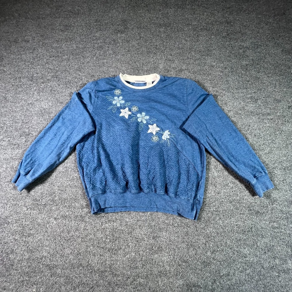 Alfred Dunner Blue Floral Embroidered Knit Sweater Womens Large Crew Neck L